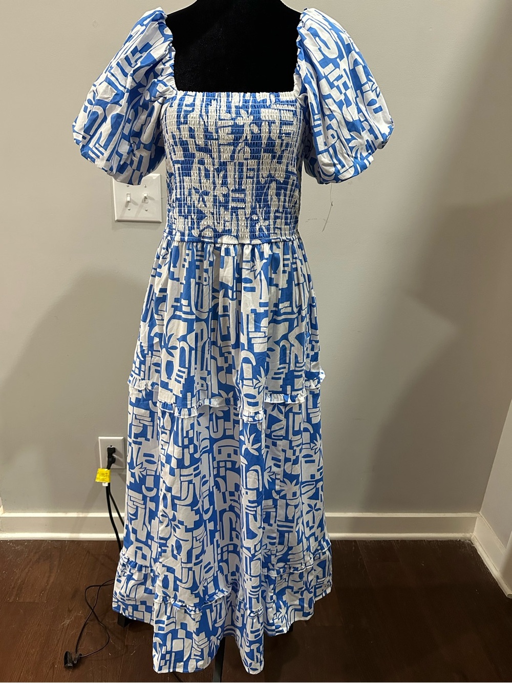Blue & White Puff-Sleeve Smocked Maxi Dress by